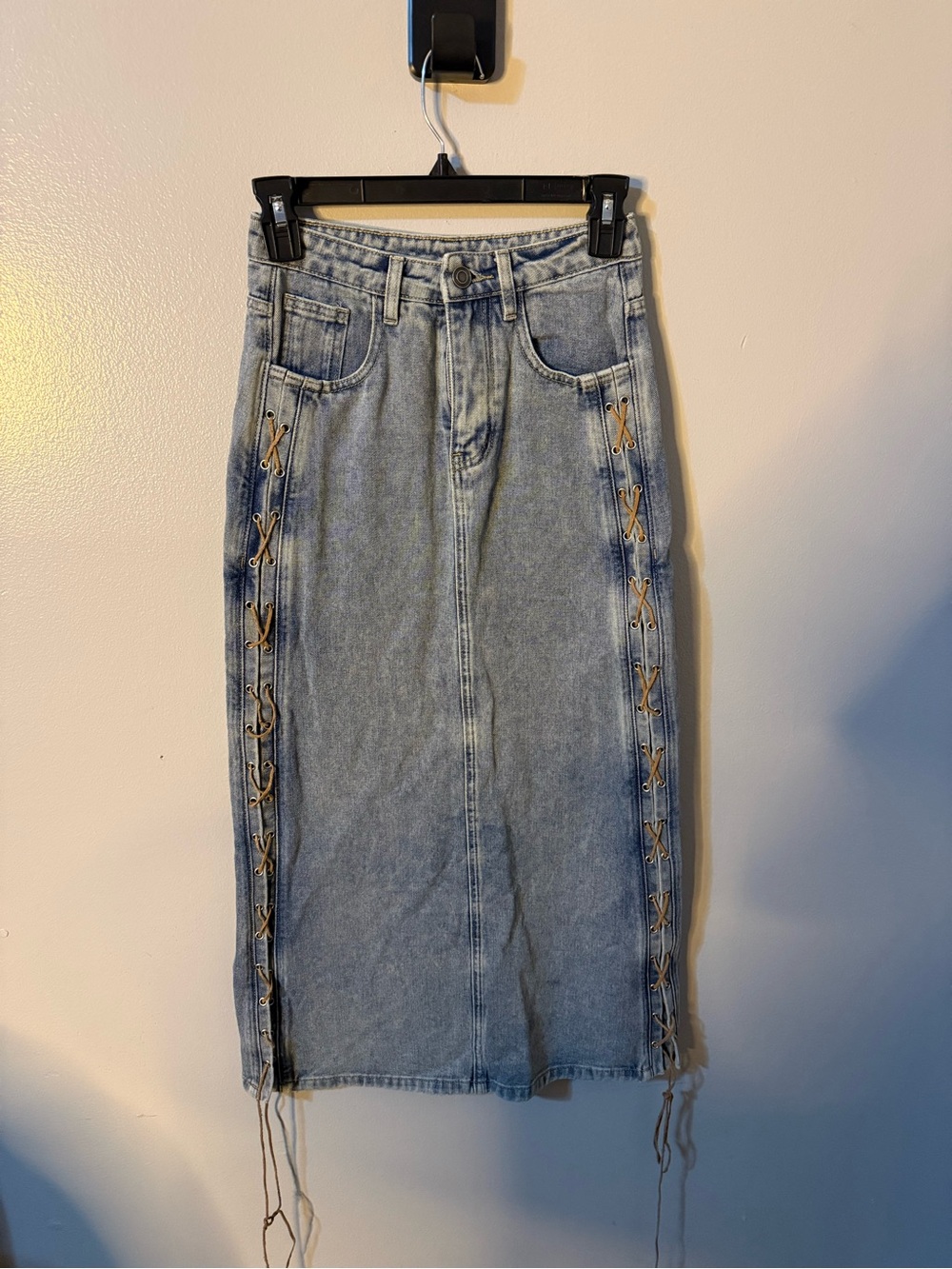 Moon River Light Blue Straight Denim Skirt with Side Lace-Up